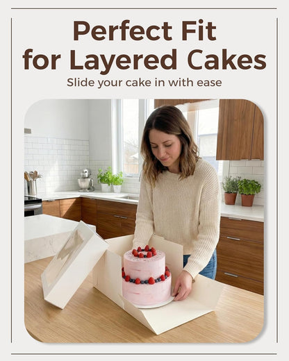 12x12x8 Inch Cake Boxes 20 pcs, Large 12 Inch Cake Box with Window for 8 Inch Tall Tiered Bakery Cakes, Pies, Sturdy Square White Cardboard, Cake Decorating Supplies (80 Pcs Stickers)
