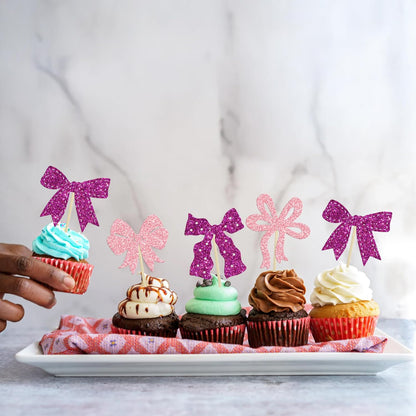 Ephlyn 24Pcs Pink Bow Cupcake Toppers Bow Birthday Cake Topper Girls Birthday Party Decorations Bowknot Cupcake Decorations for Bridal Wedding Themed Party Multi