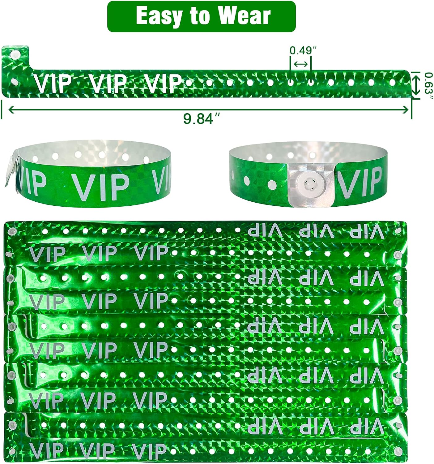 Ouchan Holographic VIP Plastic Wristbands Silver - 100 Pack Vinyl Wristbands for Events Parties