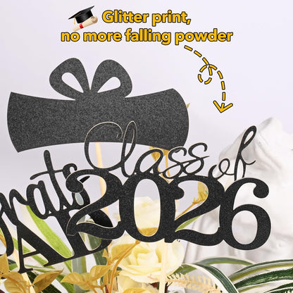 Graduation Decorations 2026, 20 PCS Sparkling Black Double-Sided Centerpiece Sticks for Tables, Class of 2026 Table Toppers and Party Supplies