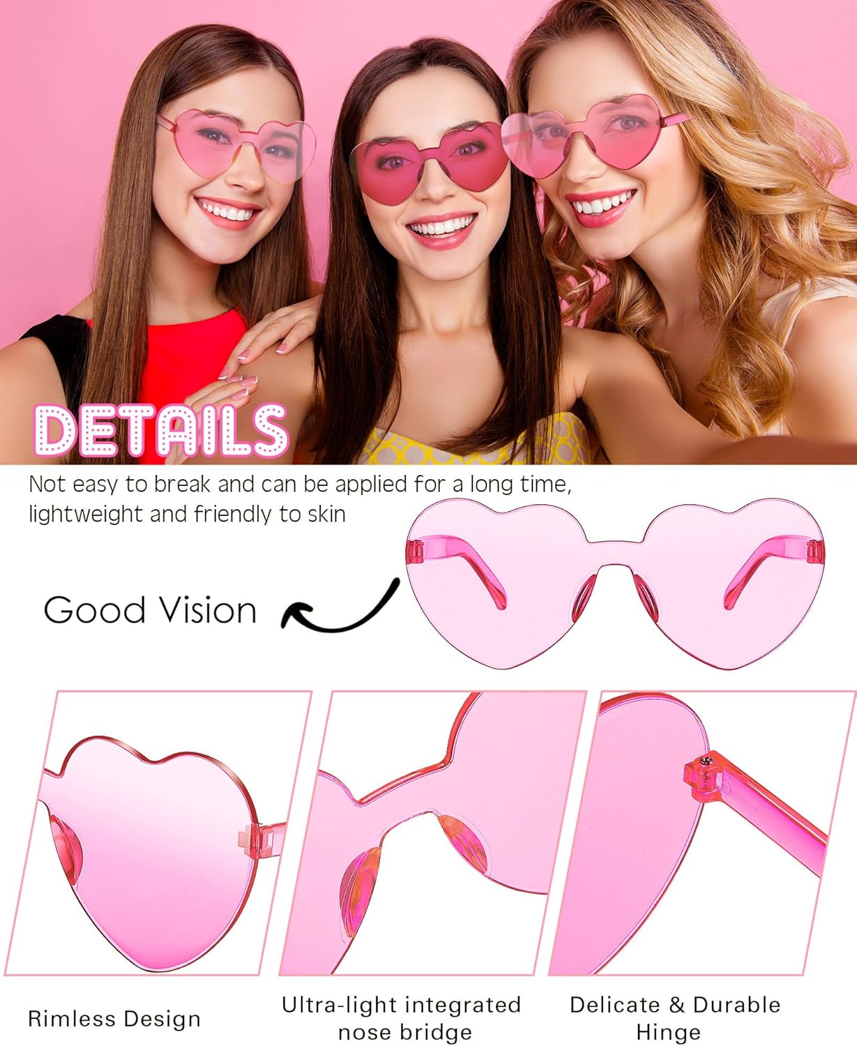 Frienda 8 Pairs Heart Shaped Sunglasses for Women Rimless Heart Glasses Candy Color Sunglasses for Party Favor