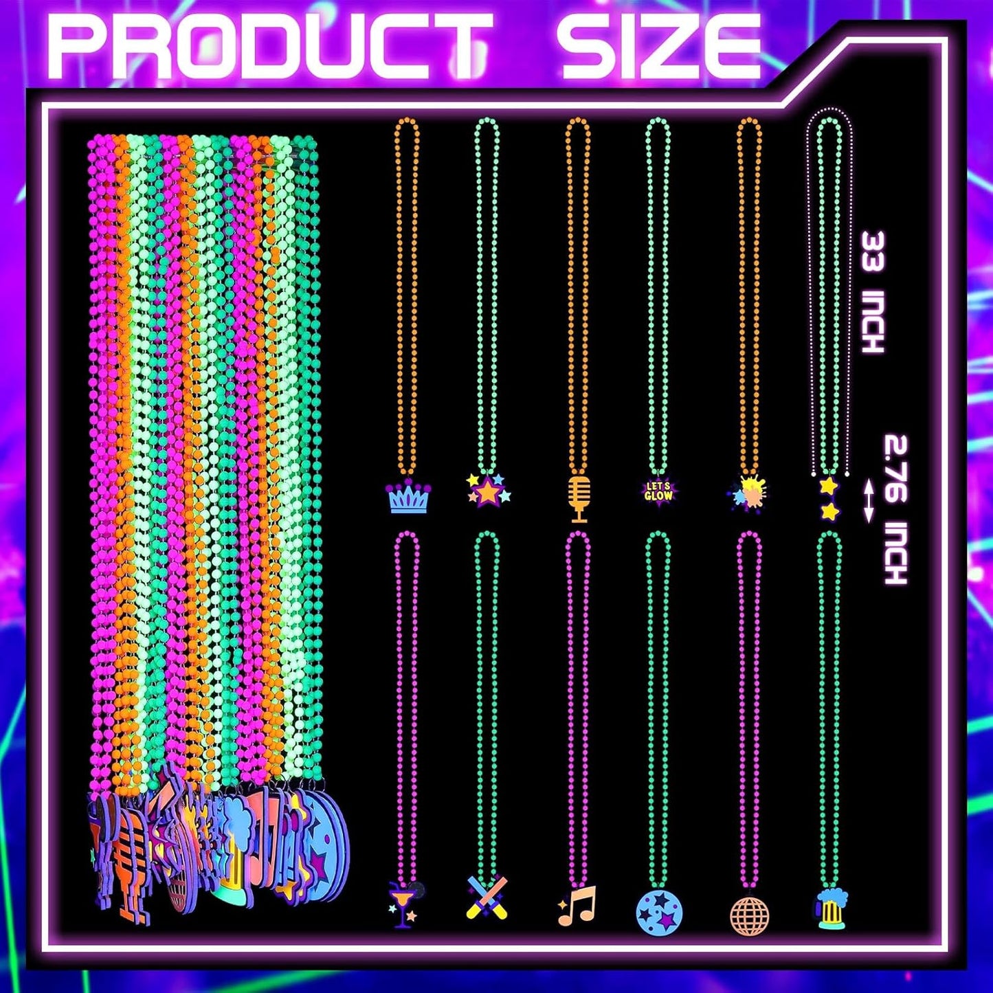 24 Pcs Glow in The Dark Beads Necklaces with Pendants, Neon Glow in The Dark Party Supplies, 33" Colorful UV Black Light Beads Necklace Glowing Photo Props for Neon Night Birthday Party Accessories