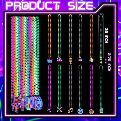 24 Pcs Glow in The Dark Beads Necklaces with Pendants, Neon Glow in The Dark Party Supplies, 33" Colorful UV Black Light Beads Necklace Glowing Photo Props for Neon Night Birthday Party Accessories