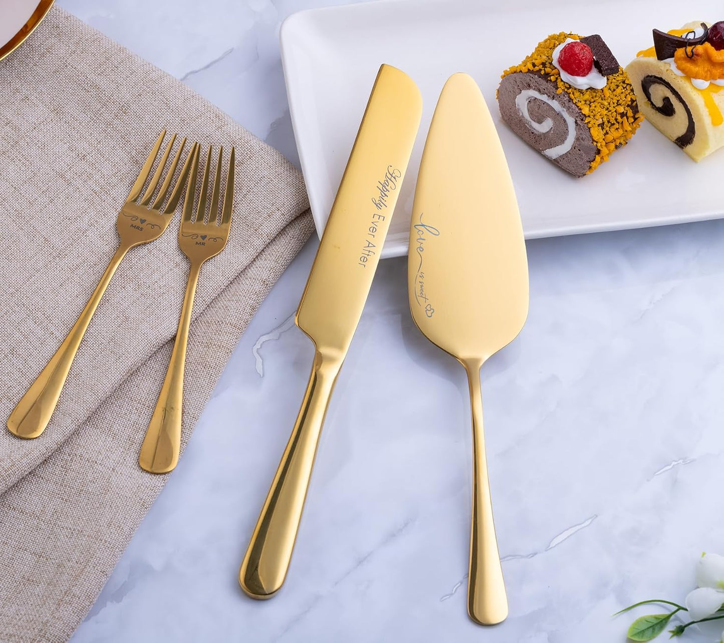 Wedding Cake Knife and Server Set with Forks, Engraved Cake Cutting Set for Wedding Anniversary Christmas Engagement（Gold