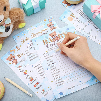 Yinder 145 Pcs Baby Shower Games Activities Cards with 20 Pencils Includes Baby Bingo Description and Wishes Guess Who Price is Right Word Scramble Game(Here Comes the Son)