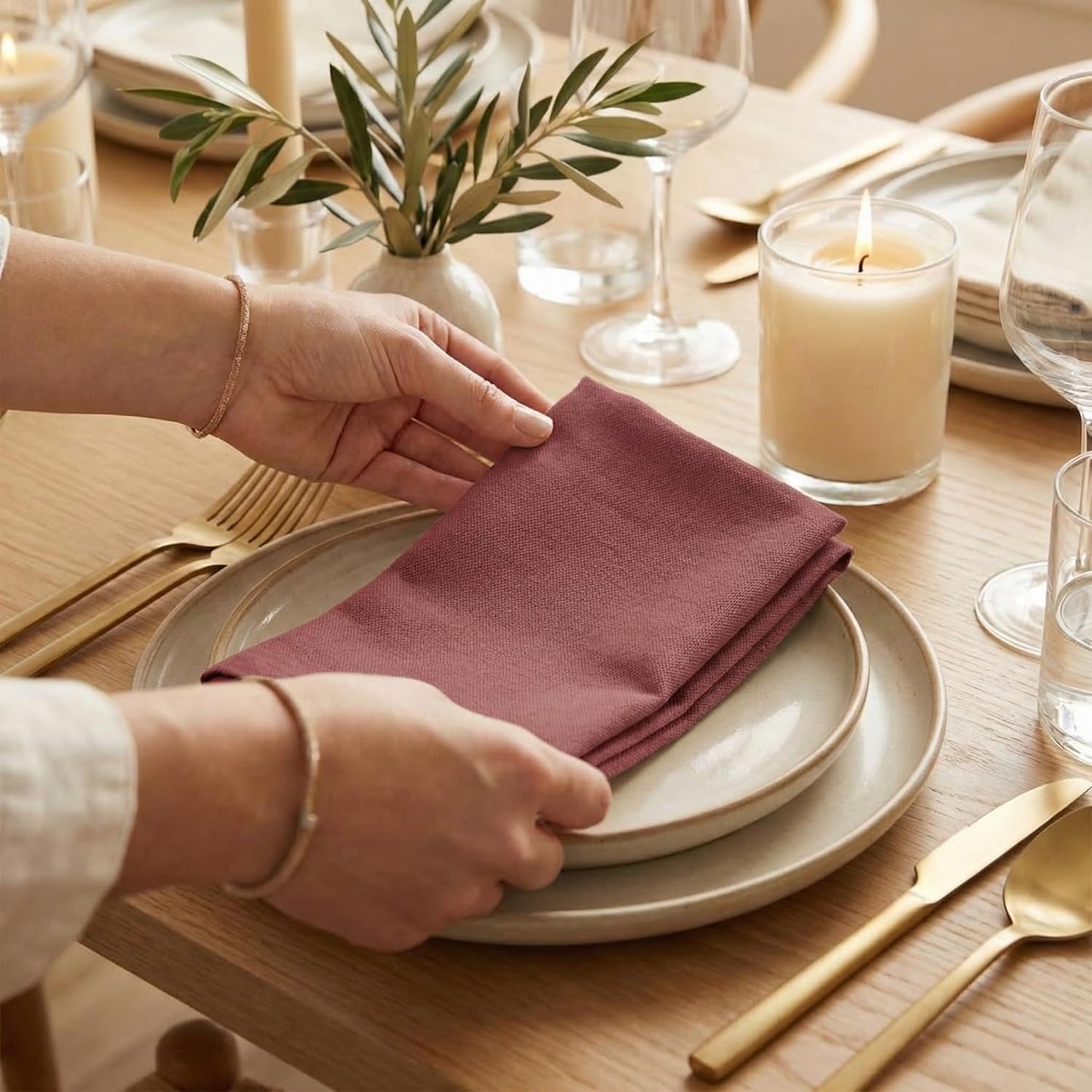 ACCENTHOME Natural Cotton Linen Napkin Set of 12 18x18 inch Dinner Napkins - Washable Soft Premium Hotel Quality Reusable Hemmed Edges Napkins Perfect Table Linens for Family Dinners, Weddings