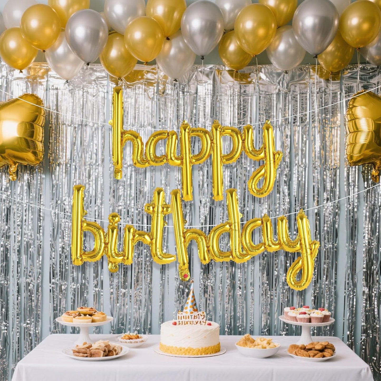 Happy Birthday Balloons Banner Foil Letters Balloons Connected, Personalized Birthday Signs for Women Men Boys Girls Birthday Party Decorations, Small Gold