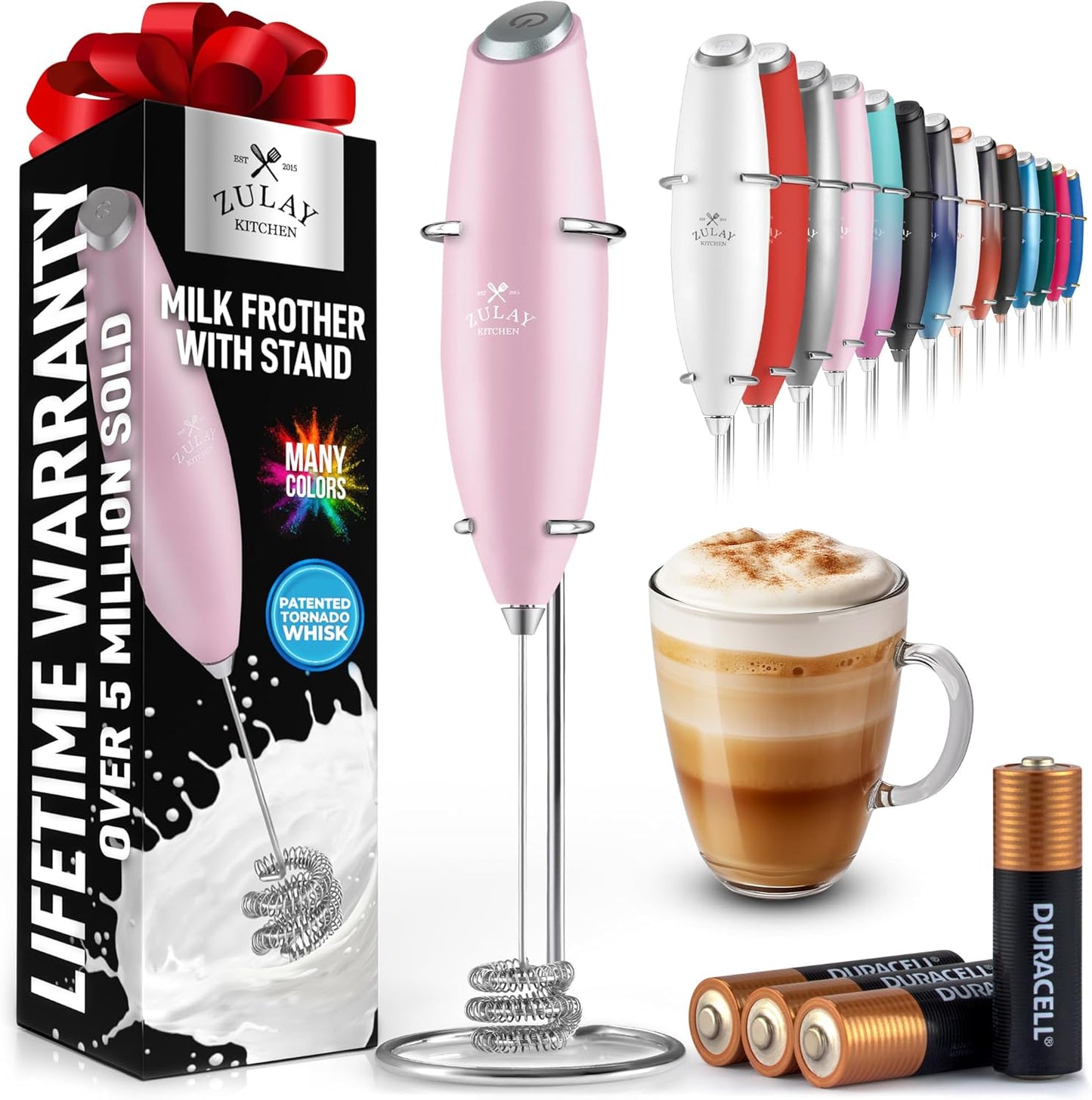 Zulay Kitchen Powerful Milk Frother Wand With Duracell Batteries - Ultra Fast Handheld Drink Mixer - Electric Whisk Foam Maker for Coffee, Lattes, Cappuccino & Matcha - Z1 Motor - Black - Colors D