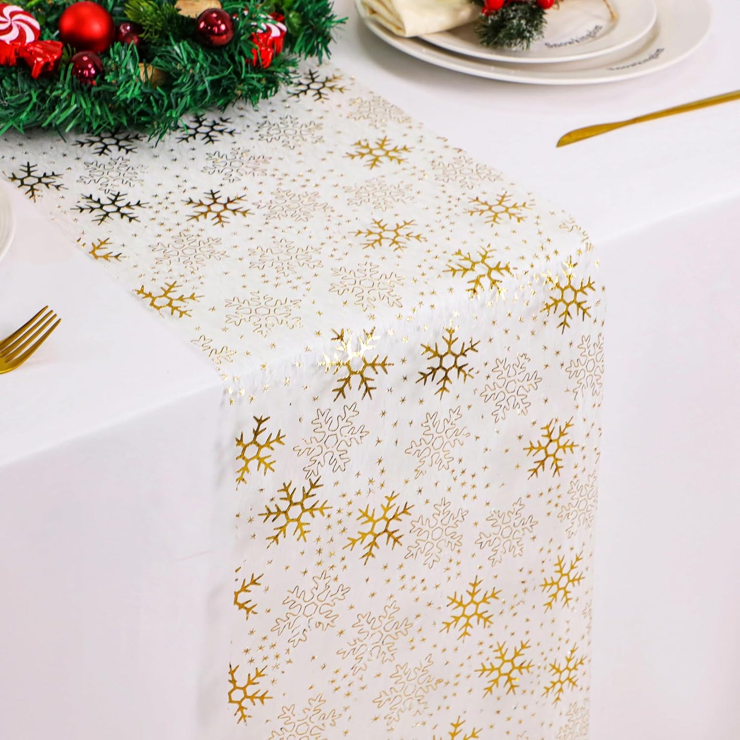 Snowkingdom 2 Pieces Gold Table Runner, Sequin Glitter Foil Metallic Thin Mesh Runner Roll 11"x108", Gold Table Decorations for Event Party, Wedding, Birthday Party, Christmas