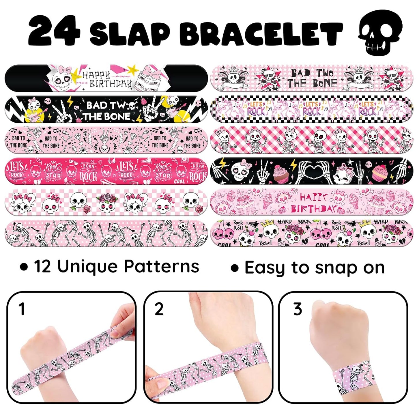 96 PCS Bad Two the Bone Party Favors Set – 72 Pre-Cut Temporary Tattoos & 24 Rock-Inspired Slap Bracelets for Kids, Perfect for Punk Birthday Parties & Classroom Rewards