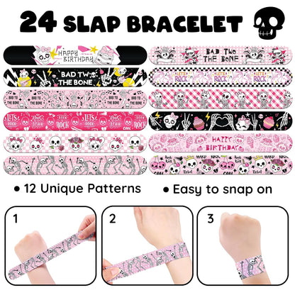 96 PCS Bad Two the Bone Party Favors Set – 72 Pre-Cut Temporary Tattoos & 24 Rock-Inspired Slap Bracelets for Kids, Perfect for Punk Birthday Parties & Classroom Rewards