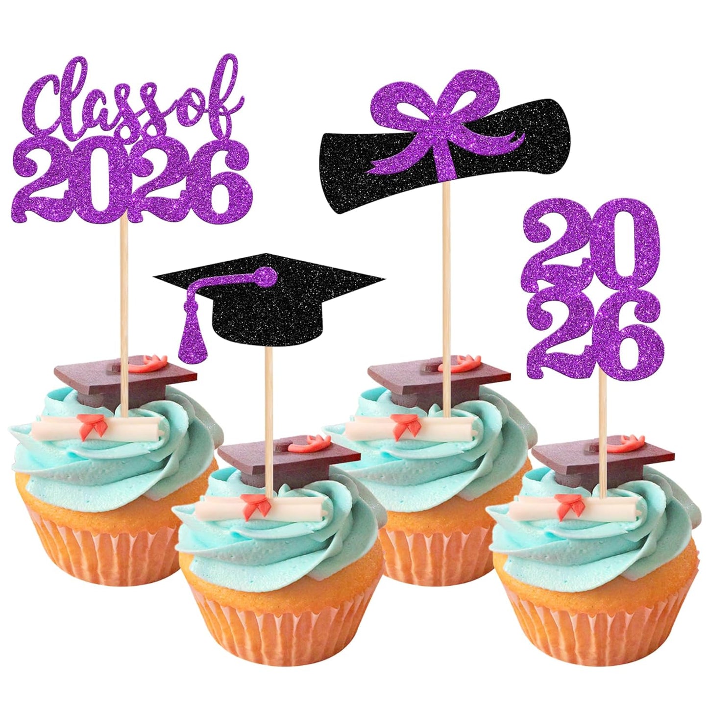 36 PCS 2026 Graduation Theme Cupcake Toppers Glitter Class of 2026 Grad Cap Diploma Cupcake Picks 2026 Graduation Theme Party Cake Decorations Supplies Deep Blue
