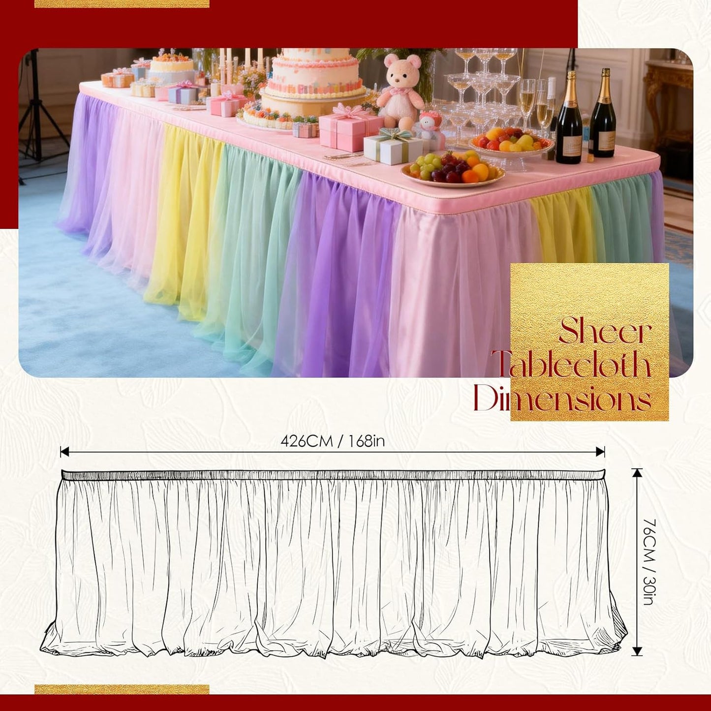 THARAHT Tulle Table Skirt 6FT 180CM Long for Rectangle Tables Round Tables Ruffle Desk Skirt for Princess Girls Birthday Party Cake Dessert Decorations Table Skirt