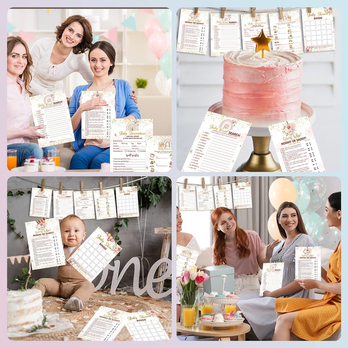 Yinder 145 Pcs Baby Shower Games Activities Cards with 20 Pencils Includes Baby Bingo Description and Wishes Guess Who Price is Right Word Scramble Game(Here Comes the Son)