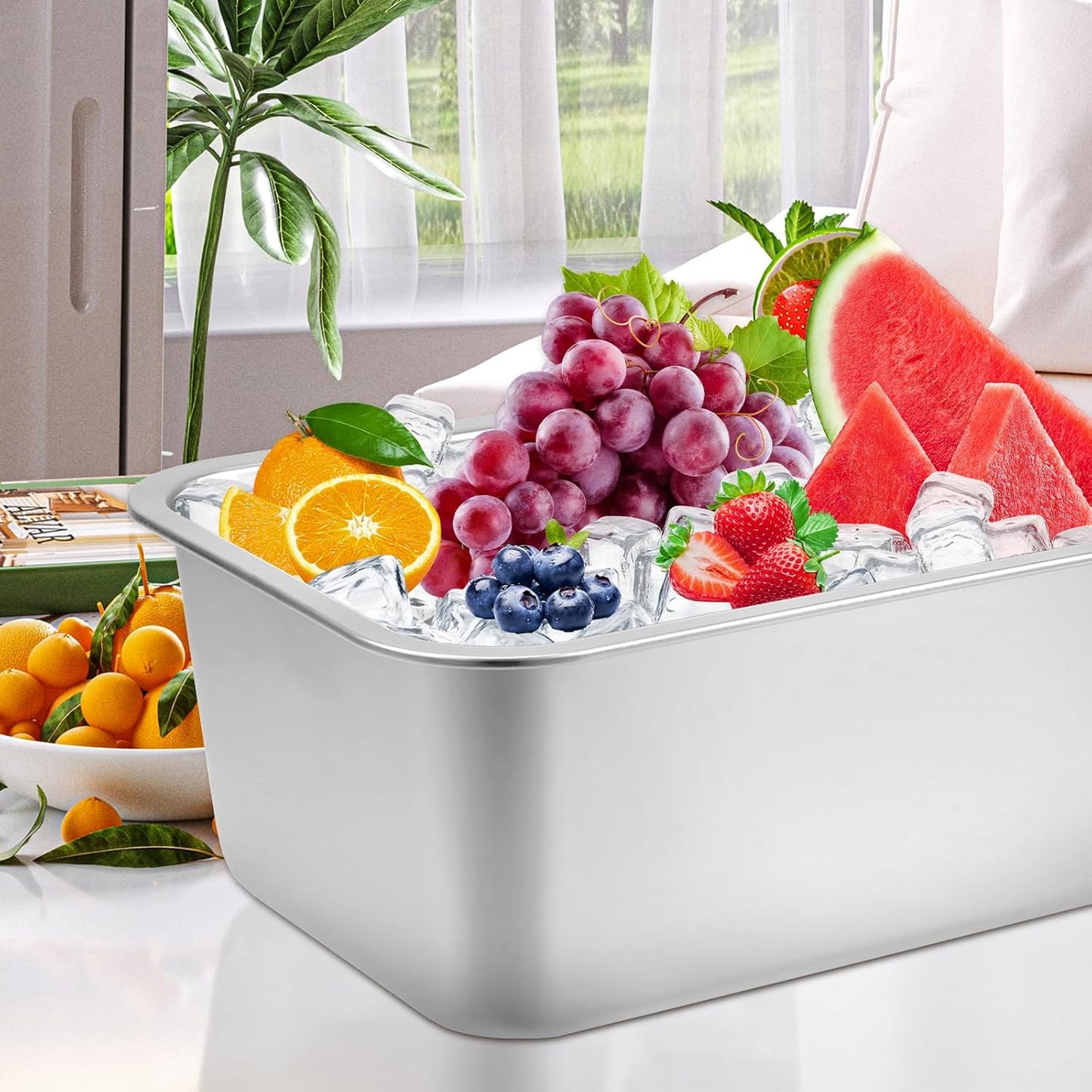 Large Strainless Steel Beverage Tub, Ice Buckets for Parties, Beer Ice Bucket Drink Cooler, Metal Wine Beer Champagne Bucket Drink Chiller, Rectangular Ice Storage Tub Ice Cube Bin for Freezer (2 Pcs)