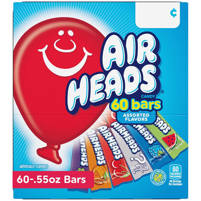 Airheads Full-Size Candy Bars, Taffy Candy Bulk Variety Pack, Individually Wrapped, Six Assorted Fruit Flavors Artificially Flavored, 60 Count Box