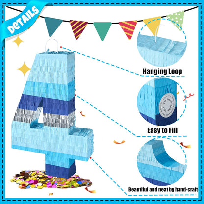 PCFING 20 Inch Number 3 Piñata Blue Silver with 30 Inch Piñata Stick Blindfold Confetti for Boys Girls Adults Birthday Party Decorations, Anniversary Celebration, Fiesta
