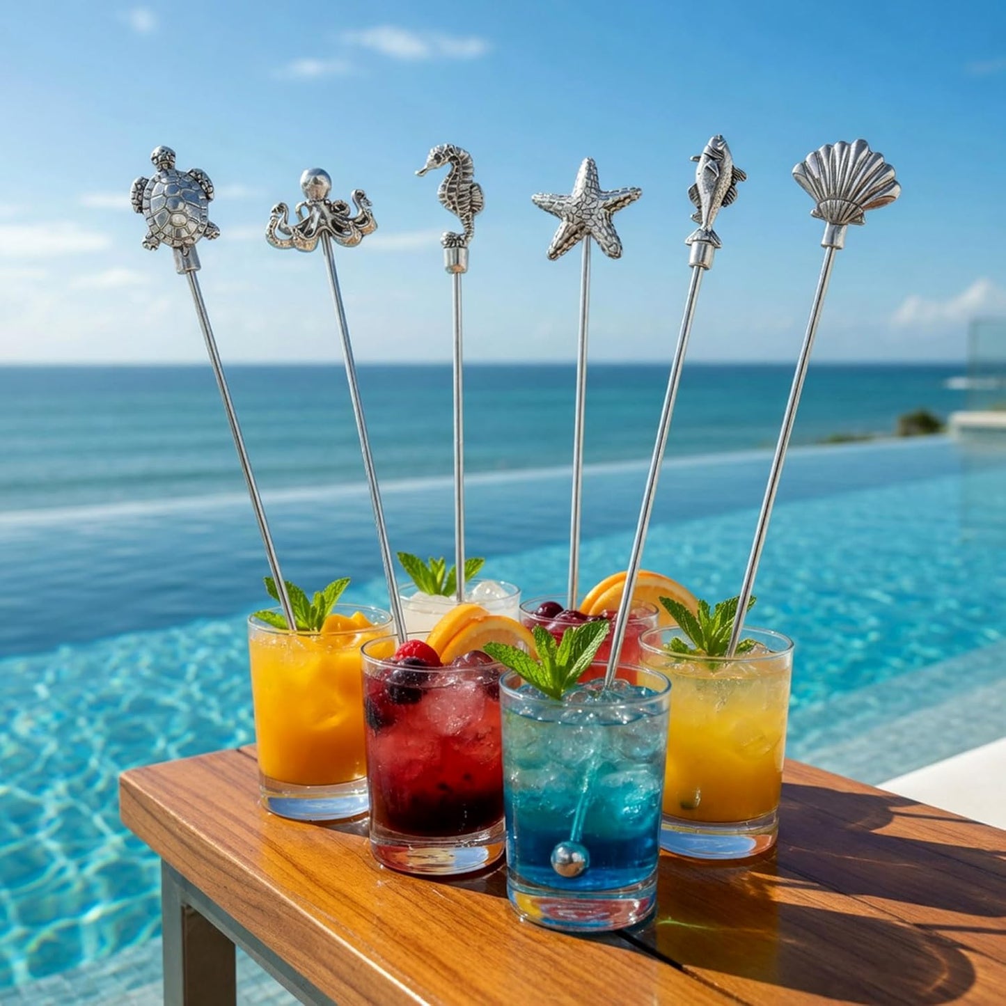 Homestia 7.5" Stainless Steel Cocktail Stirrers with Cute Animal Design, Set of 6 Reusable Swizzle Sticks for Coffee, Martini, Drinks - Dishwasher Safe Metal Bar Tools Stir Sticks