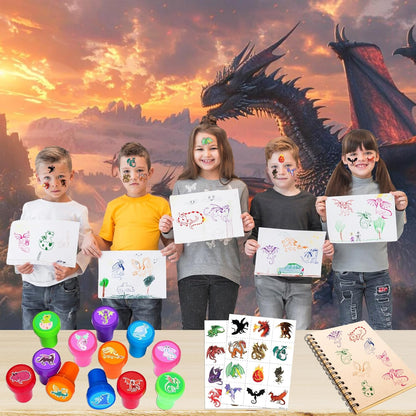 36PCS Dragon Party Favors - 24PCS Pre-Cut Temporary Tattoos & 12PCS Stamps - Ideal Magic Dragon Themed Birthday Card Decorations Supplies Goodie Bag Baby Shower Kids Gifts Classroom Rewards Prizes