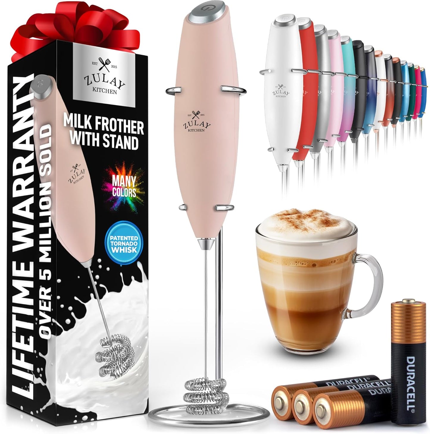 Zulay Kitchen Powerful Milk Frother Wand With Duracell Batteries - Ultra Fast Handheld Drink Mixer - Electric Whisk Foam Maker for Coffee, Lattes, Cappuccino & Matcha - Z1 Motor - Black - Colors B
