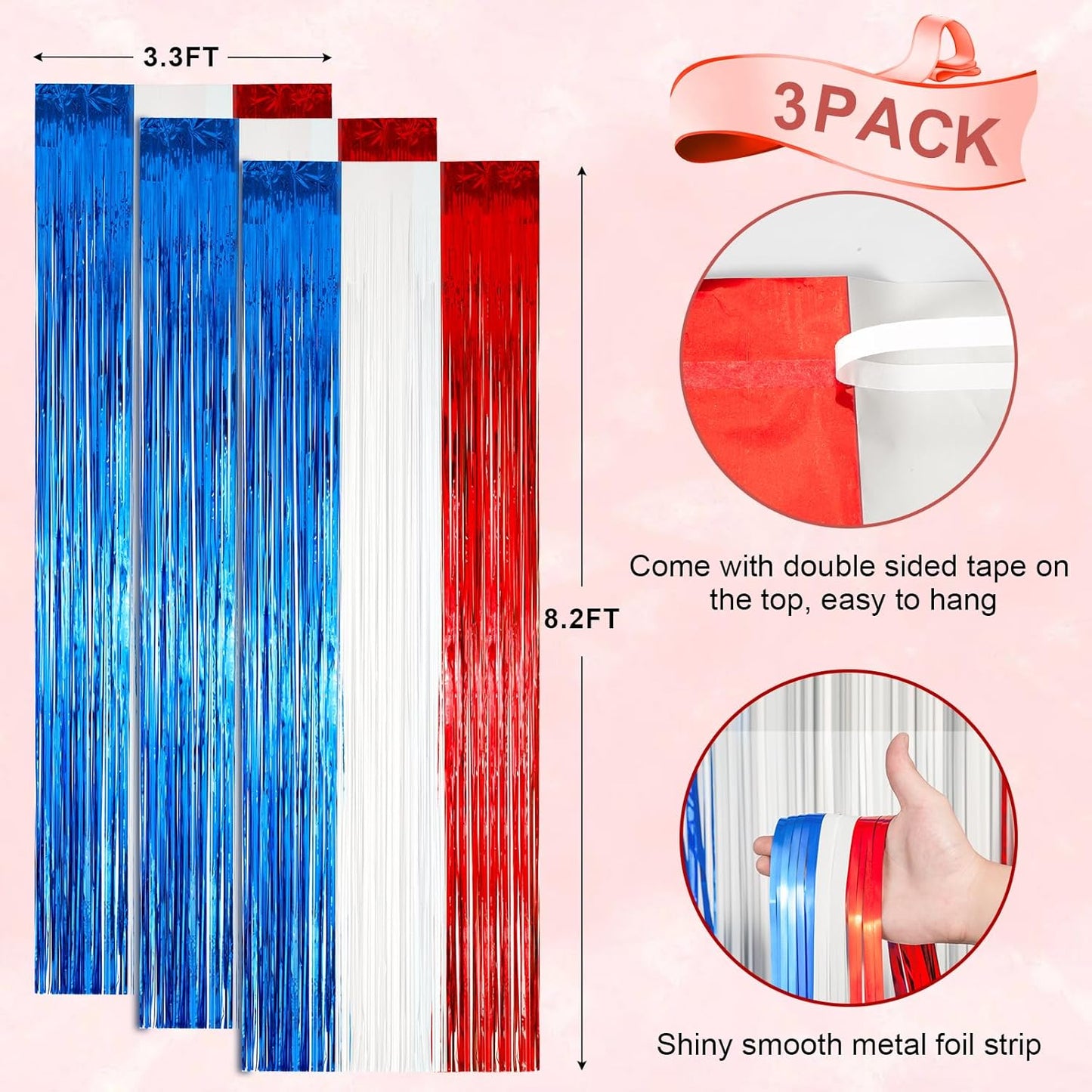 Voircoloria 3 Pack 3.3x8.2 Feet Gold Foil Fringe Backdrop Curtains, Tinsel Streamers, Fringe Backdrop for 2025 New Years Eve, Graduation, Birthday, Baby Shower, Gender Reveal, Disco Party - Colors A