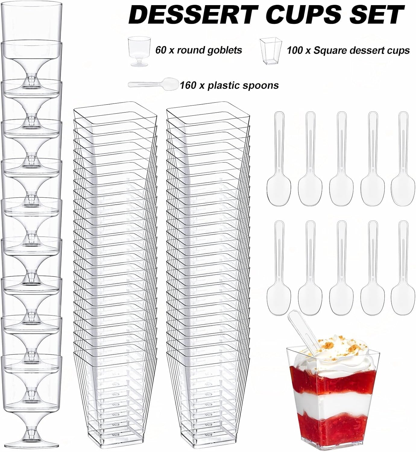 320-Pack Dessert Cups with Spoons 5 oz Mini Plastic Dessert Cups for Party Yogurt Parfait Jello Fruit Appetizer Cocktail Small Clear Reusable Square and Round Goblet-Shaped Dessert Bowls Shot Glasses