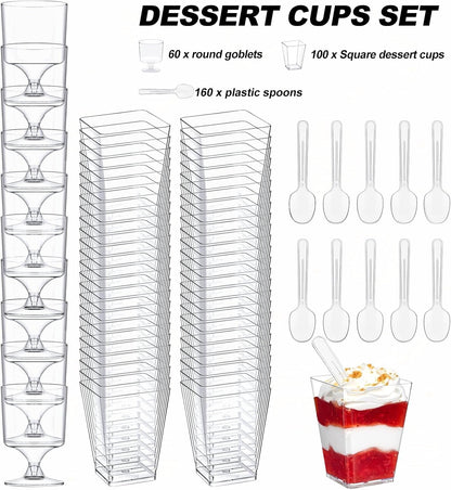 320-Pack Dessert Cups with Spoons 5 oz Mini Plastic Dessert Cups for Party Yogurt Parfait Jello Fruit Appetizer Cocktail Small Clear Reusable Square and Round Goblet-Shaped Dessert Bowls Shot Glasses