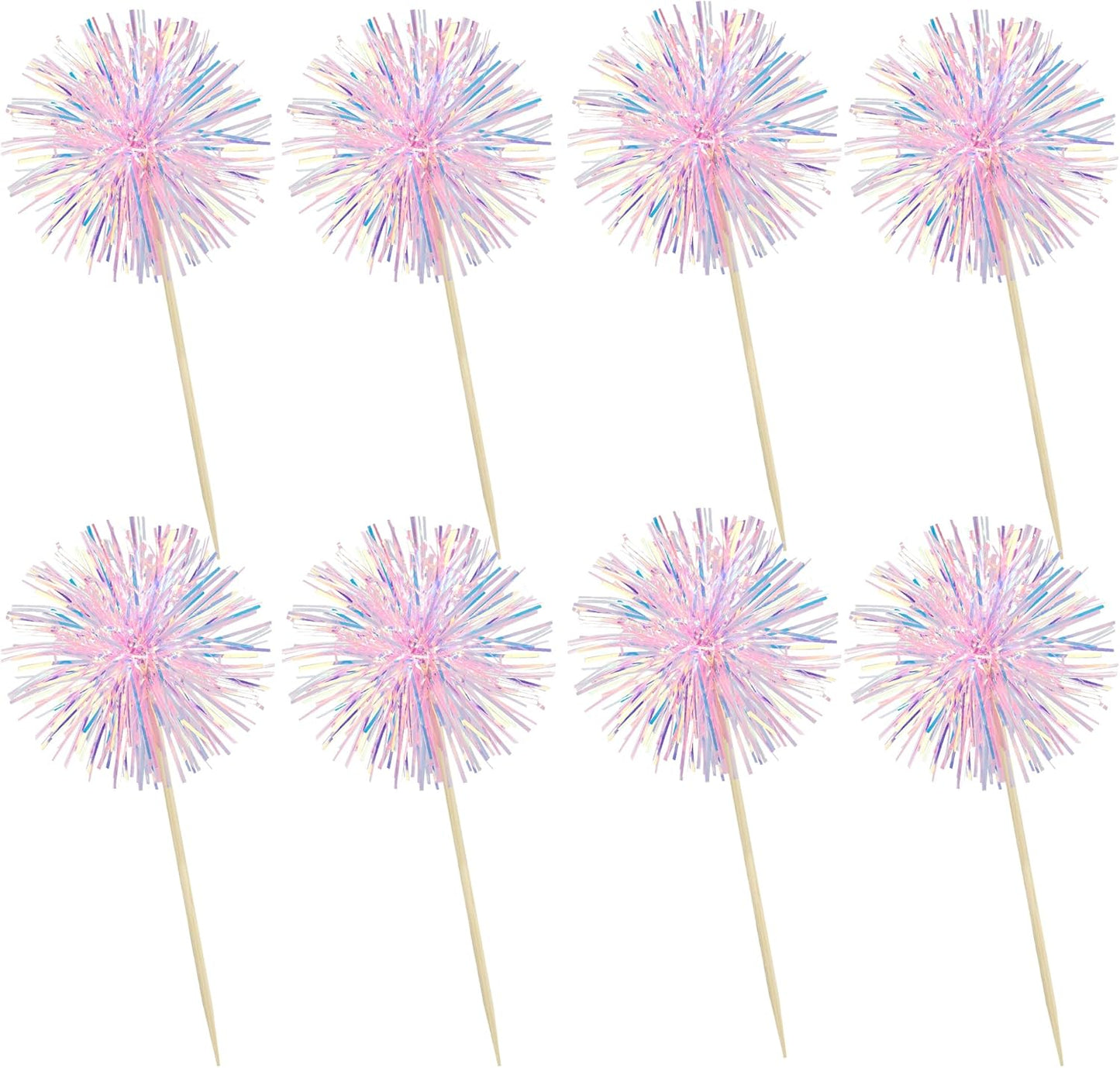 Ephlyn 30Pcs Foil Firework Cupcake Toppers Sparkle Tinsel Cupcake Picks Drink Stirrers Cocktail Food Fruit Toothpicks for Baby Shower Graduation Party Supplies White