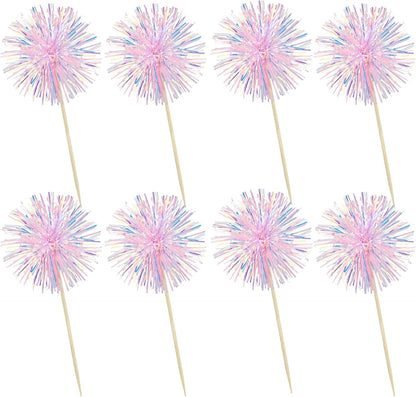 Ephlyn 30Pcs Foil Firework Cupcake Toppers Sparkle Tinsel Cupcake Picks Drink Stirrers Cocktail Food Fruit Toothpicks for Baby Shower Graduation Party Supplies White