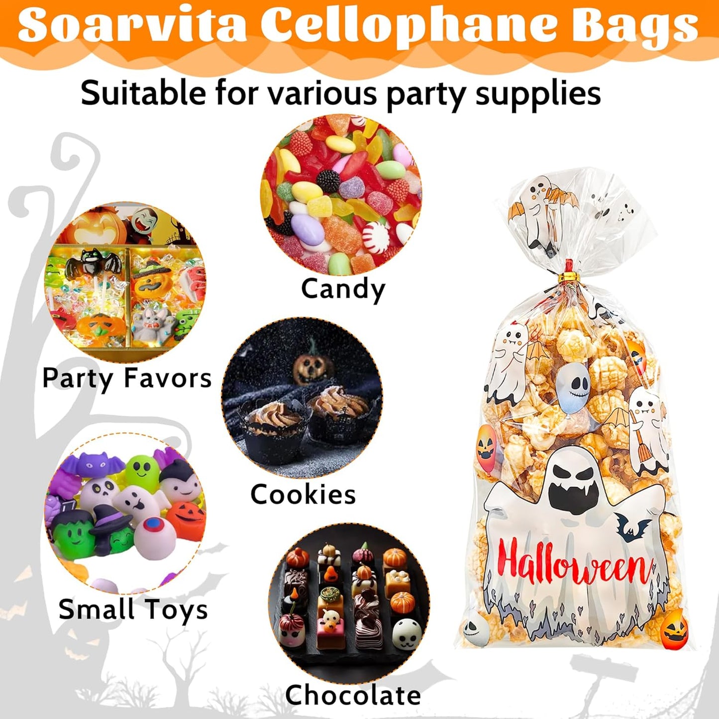 Soarvita Wildflower Cellophane Treat Bags: 50Pack Clear Plastic Floral Goodie Bags with 60 Ties for Cookies Snacks & Gift Packaging, Spring Candy Bag for Baby Bridal Shower Wedding Party Favors