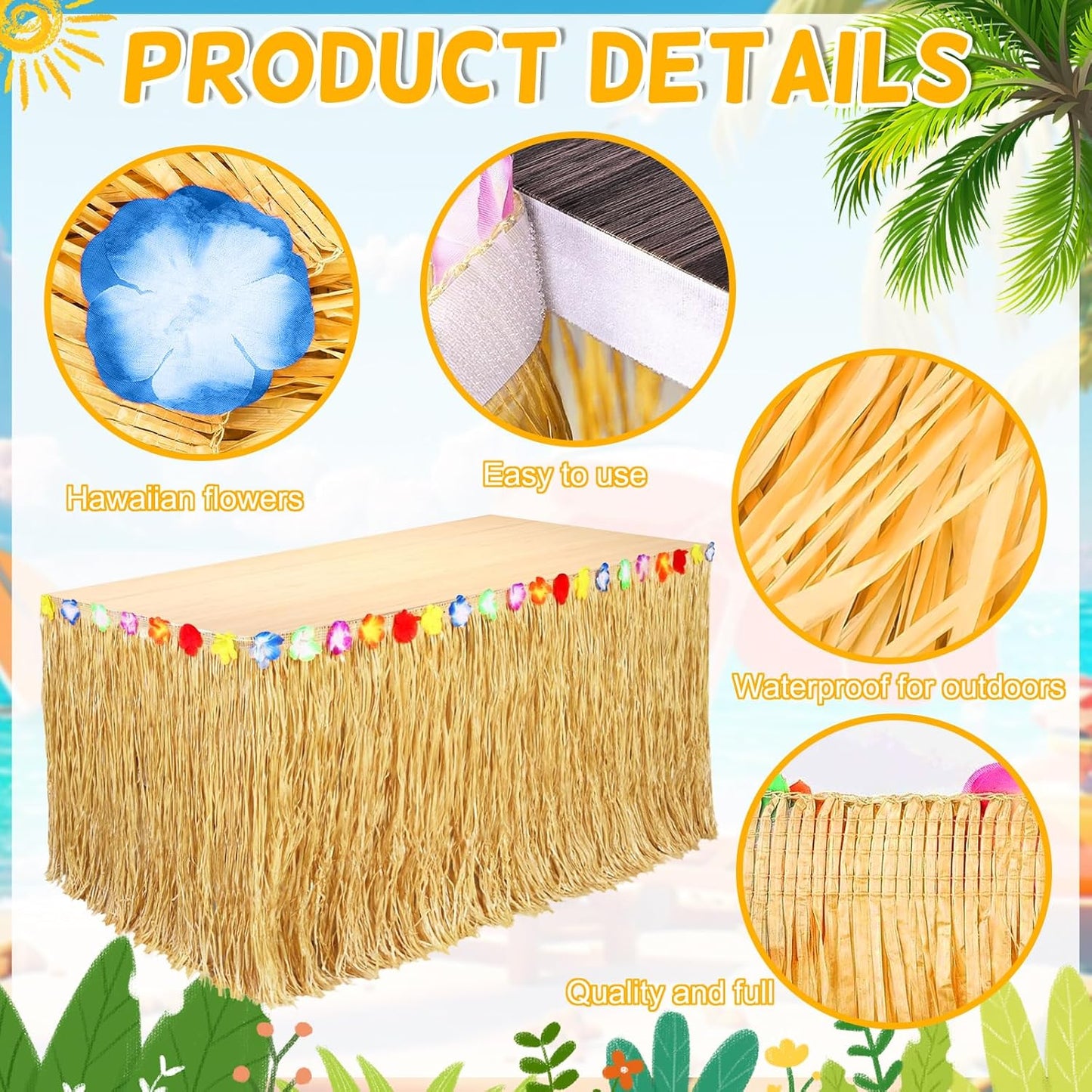 2 Pack Table Skirt Luau Party Decorations, Flower 53.2" X 29.5" Grass Table Skirts for Luau Party Summer Tropical Hawaiian Party Decorations (A-2 Pack)