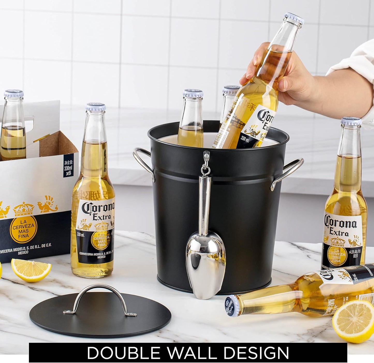 Rae Dunn Ice Bucket with Scoop - Stainless Steel Bucket with Handle, Lid and Ice Scooper - 4 Qt. Storage Bin for Ice Cubes for Bars, Parties, Backyard Barbeques, Picnics, and Camping (Sage)