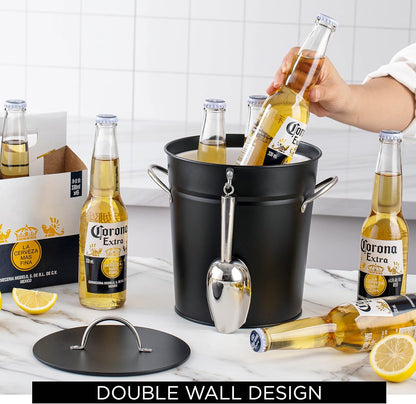 Rae Dunn Ice Bucket with Scoop - Stainless Steel Bucket with Handle, Lid and Ice Scooper - 4 Qt. Storage Bin for Ice Cubes for Bars, Parties, Backyard Barbeques, Picnics, and Camping (Sage)