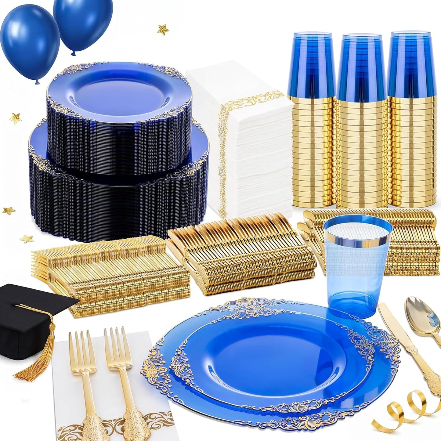 Nervure 350PCS Gold Plastic Plates - Gold Plastic Dinnerware Sets for 50 Guests - 100 Disposable Plates, 150 Silverware, 50 Cups, 50 Napkins for Wedding & Party & Mothers Day