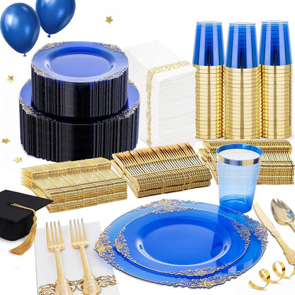 Nervure 350PCS Gold Plastic Plates - Gold Plastic Dinnerware Sets for 50 Guests - 100 Disposable Plates, 150 Silverware, 50 Cups, 50 Napkins for Wedding & Party & Mothers Day