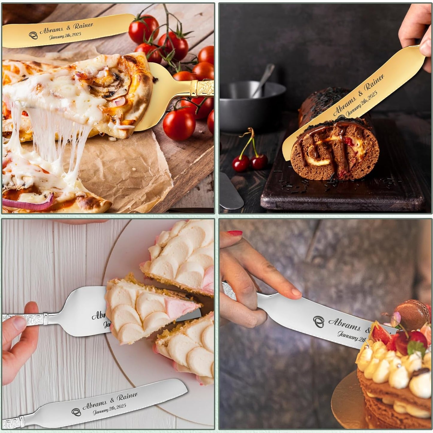 HJX Personalized Wedding Cake Knife and Server Set with Champagne Flutes, Custom Name Text Toasting Glasses for Bride and Groom, Cake Cutting Set Ideal Wedding Engagement Bridal Shower Gift