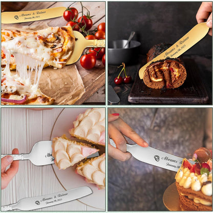 HJX Personalized Wedding Cake Knife and Server Set with Champagne Flutes, Custom Name Text Toasting Glasses for Bride and Groom, Cake Cutting Set Ideal Wedding Engagement Bridal Shower Gift