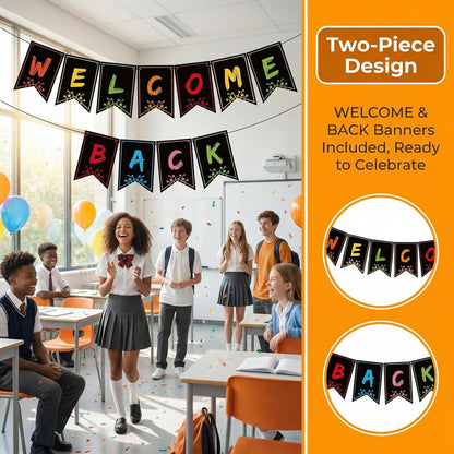 Welcome Back Banner, Glitter Welcome Banner Pre-Assembled Ready to Hang, Back to School Classroom Decorations for Teachers Students, Homecoming Party Decorations, Family Reunion & Office Celebrations