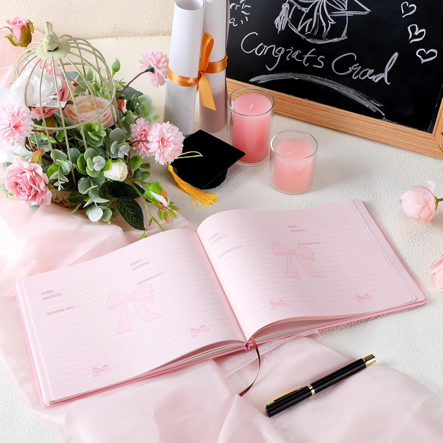 Patelai Pink Bow Graduation Guest Book Class of 2026 Party Decorations Leather Graduation Guest Signature Party Sign Gift with Pen, 112 Pages (Congrats Grad)