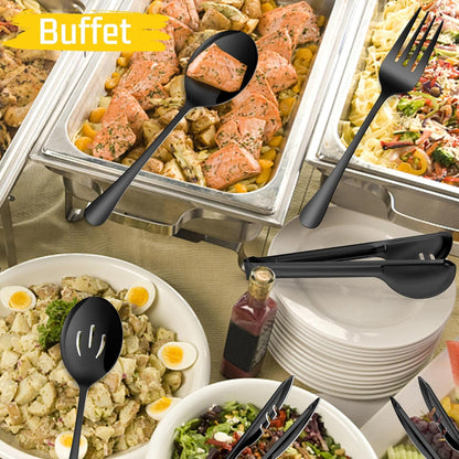 Large Black Serving Utensils Set of 12, E-far Stainless Steel 9.8 Inch Serving Spoons Slotted Spoon, 9.9 Inch Forks, 9.4 Inch Tong for Buffet Catering, Mirror Finish & Dishwasher Safe