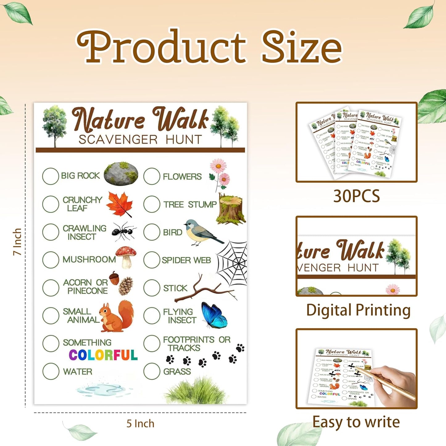 30Pcs Nature Scavenger Hunt Cards, Scavenger Hunt Cards Road Trip and Travel Activities, Spring Summer Holiday Party Supplies, Camping Games Outdoor Indoor Seek Activity-A03