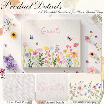 Ctosree Wedding Guest Book with Pens Wildflowers Embroidered Fabric Photo Album, Hard Cover Guest Book Wedding Reception for Baby Shower, Party, Bridal Shower(Colorful,8.3 * 6 Inch)