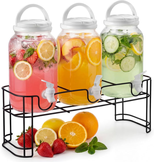 Tanlade 3 Pcs Plastic Drink Dispenser with Stand Beverage Dispenser with Sturdy Metal Base Juice Dispensers for Parties Lemonade Jar Spigot for Weddings Countertop, Each 1 Gallon(Gold)