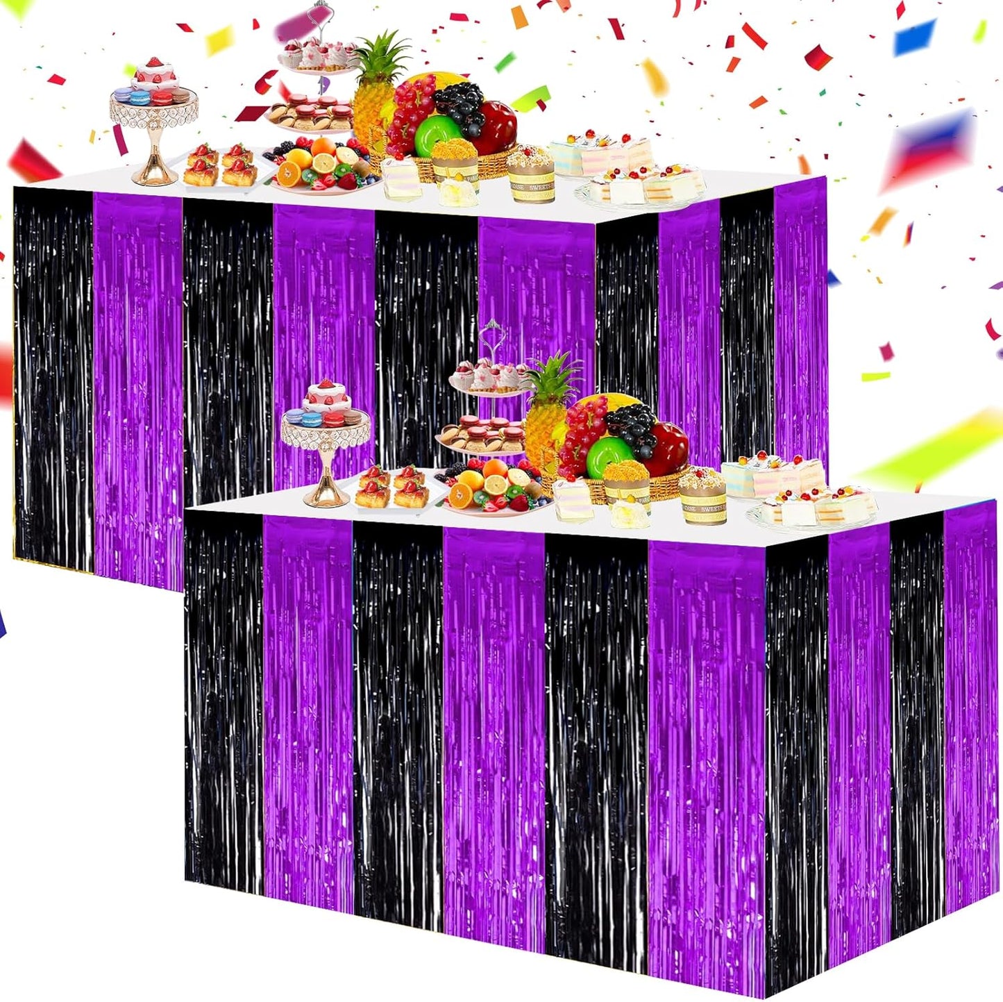 BEISHIDA 2 Pack Metallic Tinsel Foil Fringe Table Skirts for Rectangle & Round Tables Hot Pink Kids' Birthday, Holiday Cartoon Party Decorations for Birthday Valentines Baby Shower Festive Events