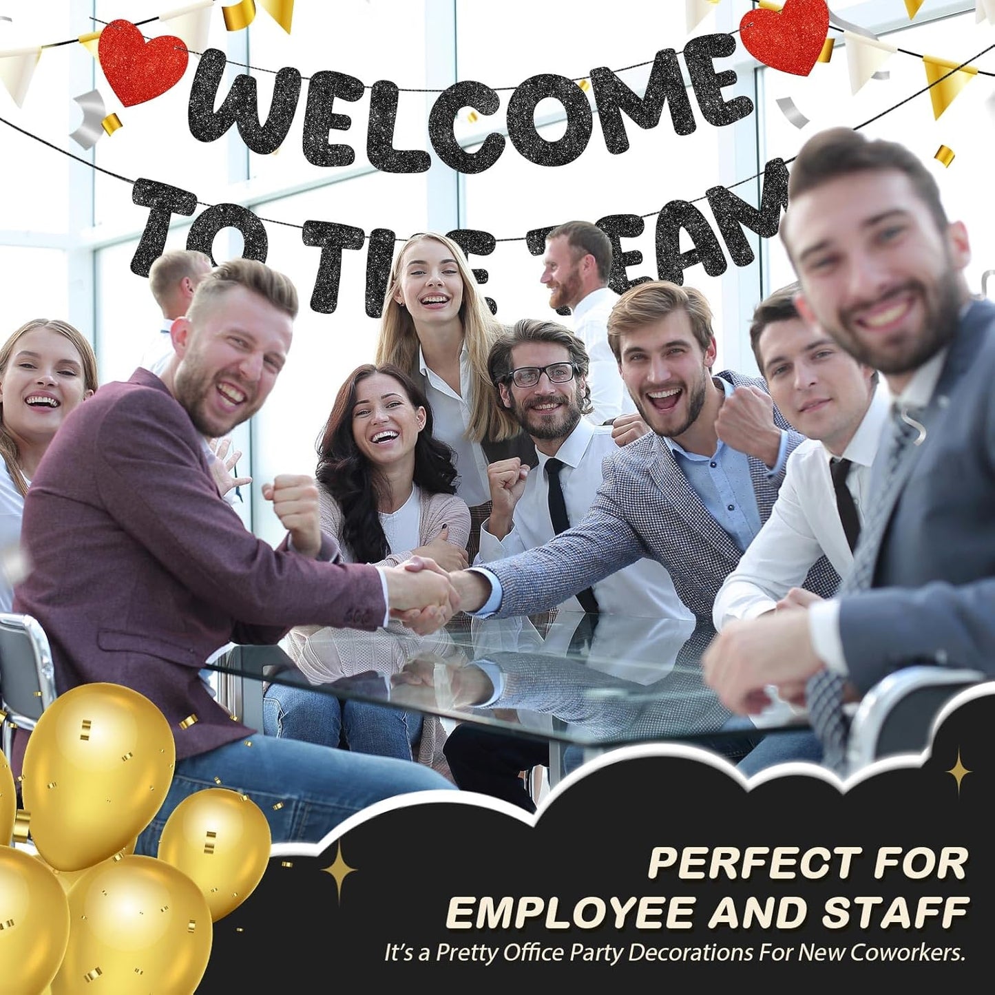 Fulmoon Pre Strung Welcome to The Team Banner with Two Heart Signs, NO DIY, Glitter Welcome Party Supplies for New Employee, Coworker, Colleague, Staff, Team Member Office Decorations(Champagne Gold)