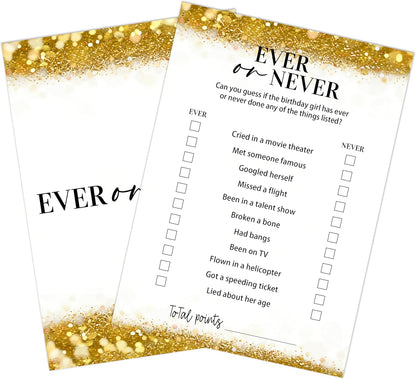 Gold Glitter Birthday Party Game Cards Set, Ever or Never, for Girl Birthdays Supplies, Activity Decorations Double Sided Set of 30 Pcs