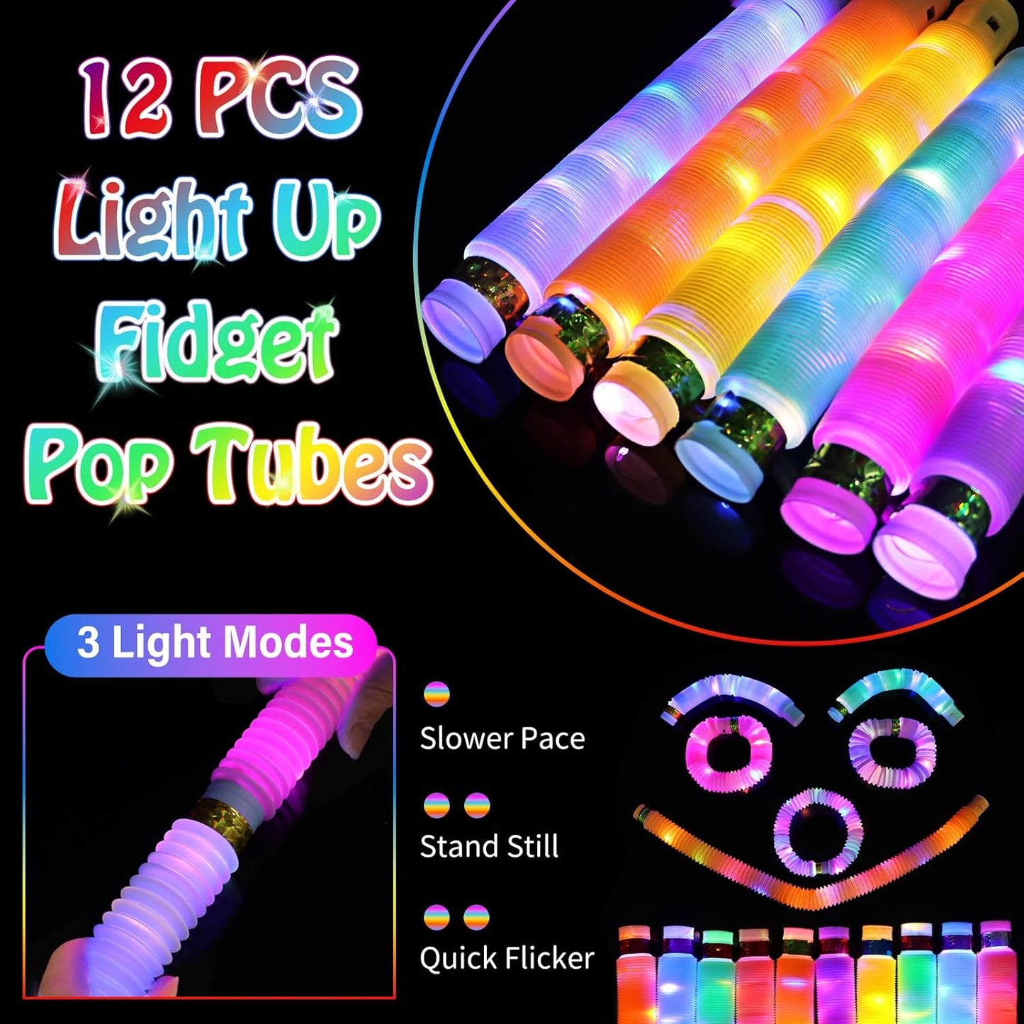 Light Up Glow Sticks Fidget Pop Tubes, 24 Pack Glow in The Dark Party Supplies Toddler Sensory Toys, Glow Stick Thanksgiving Christmas Party Favors Party Pack Gifts for Kids