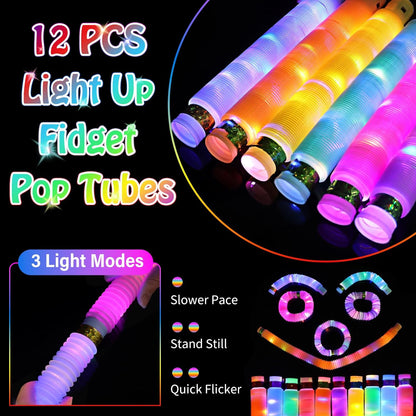 Light Up Glow Sticks Fidget Pop Tubes, 24 Pack Glow in The Dark Party Supplies Toddler Sensory Toys, Glow Stick Thanksgiving Christmas Party Favors Party Pack Gifts for Kids