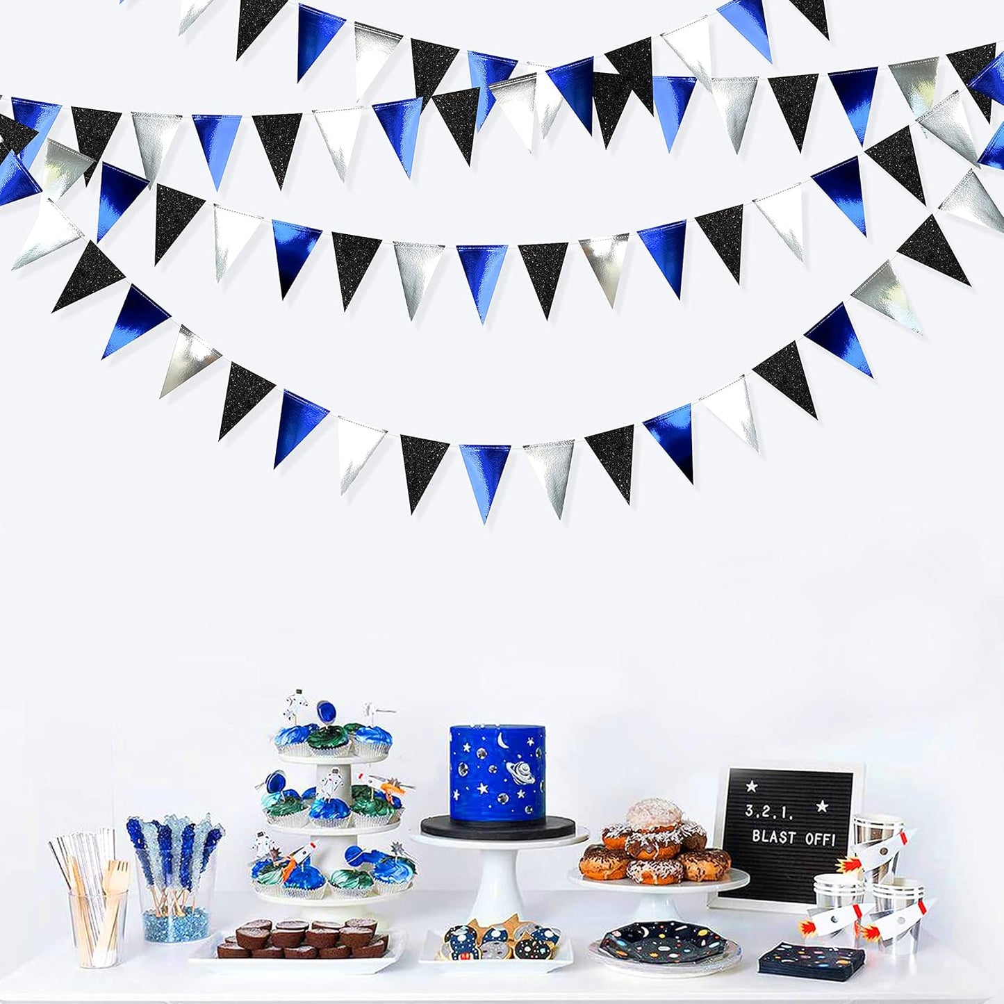 30Ft Navy Blue Gold and Beige Party Decorations Royal Blue Gold Triangle Flag Pennant Banner Bunting for Graduation Birthday Wedding Bridal Shower Nautical Ahoy Achor Theme Party Decorations Supplies
