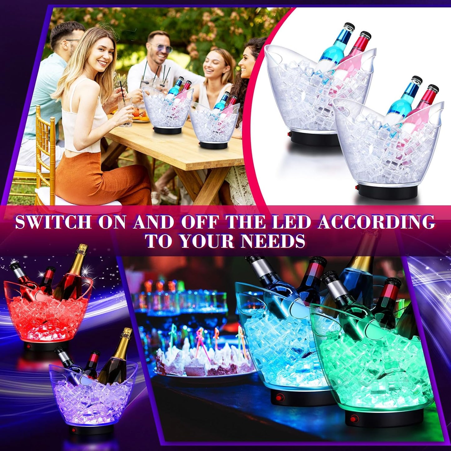 Umigy 2 Pcs 5L LED Ice Buckets Clear Plastic Ice Bucket Large Capacity Light RGB Colorful LED Cooler with Lights for Champagne Wine Beer Party Bar Club